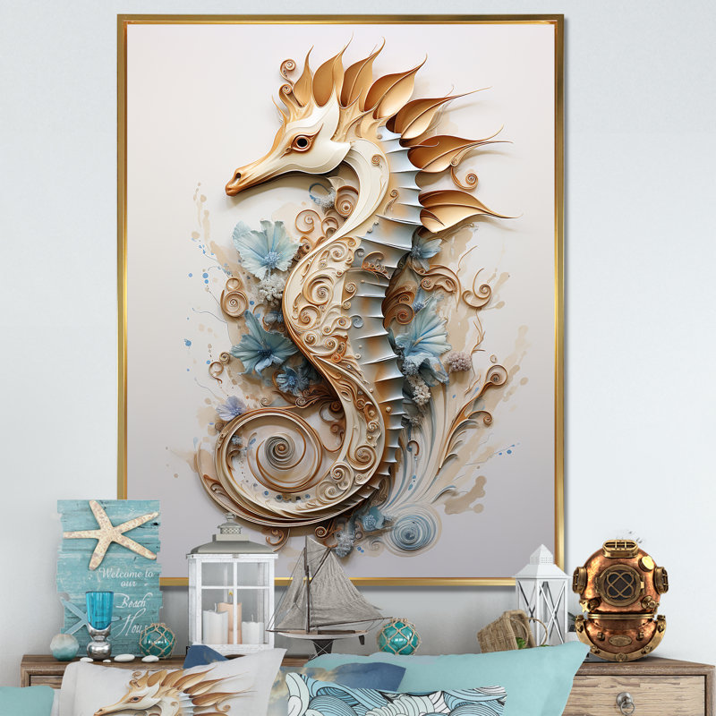 Hippocampe magique beige I sur toile, Cadre flottant doré, H 44 po x l 34 po