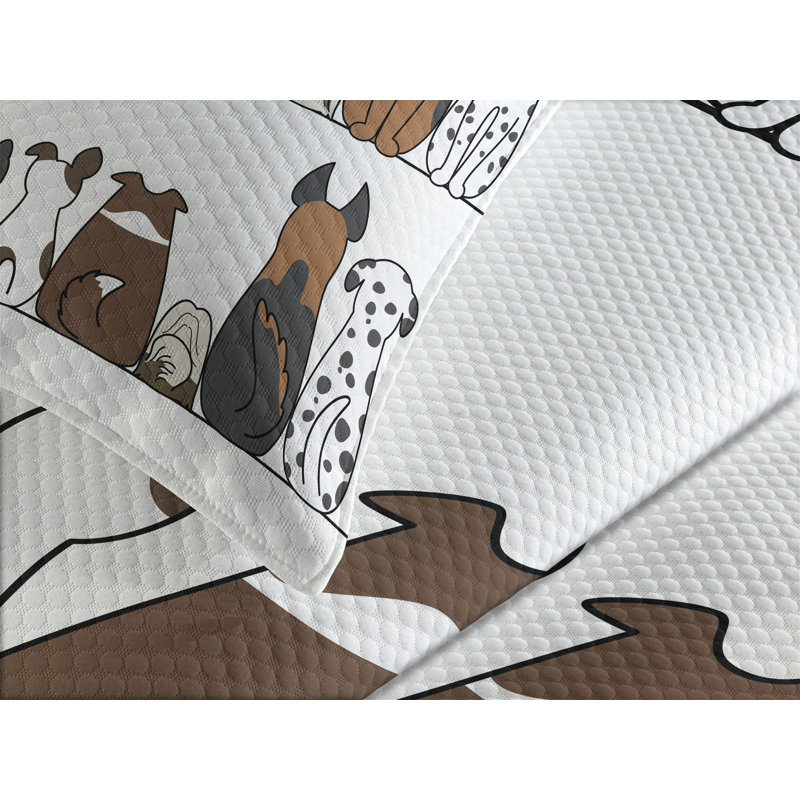 White Quilted Queen Bedspread Set with Dog Print