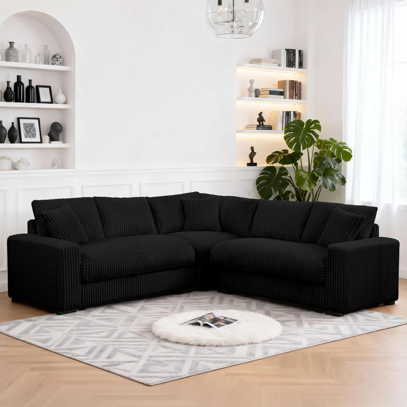 98.7" Corduroy Sectional Corner Sofa 6 Seat Deep Seat Cloud Couch With Upholstered Movable Ottoman, Black Corduroy