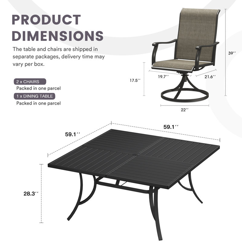 Ensemble de salle à manger de patio avec chaises pivotantes en polyester enduit de PVC et table de salle à manger carrée de 59 po