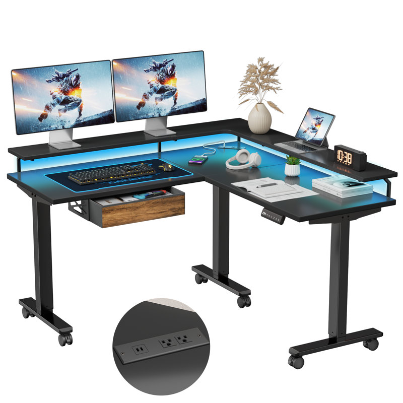 L Shaped Electric Standing Desk With Under-Desk Drawers Built-In Power Outlets, Black