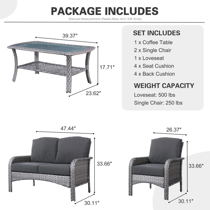 4 Piece Rattan Sofa Seating Group with Cushions, Gray/Black
