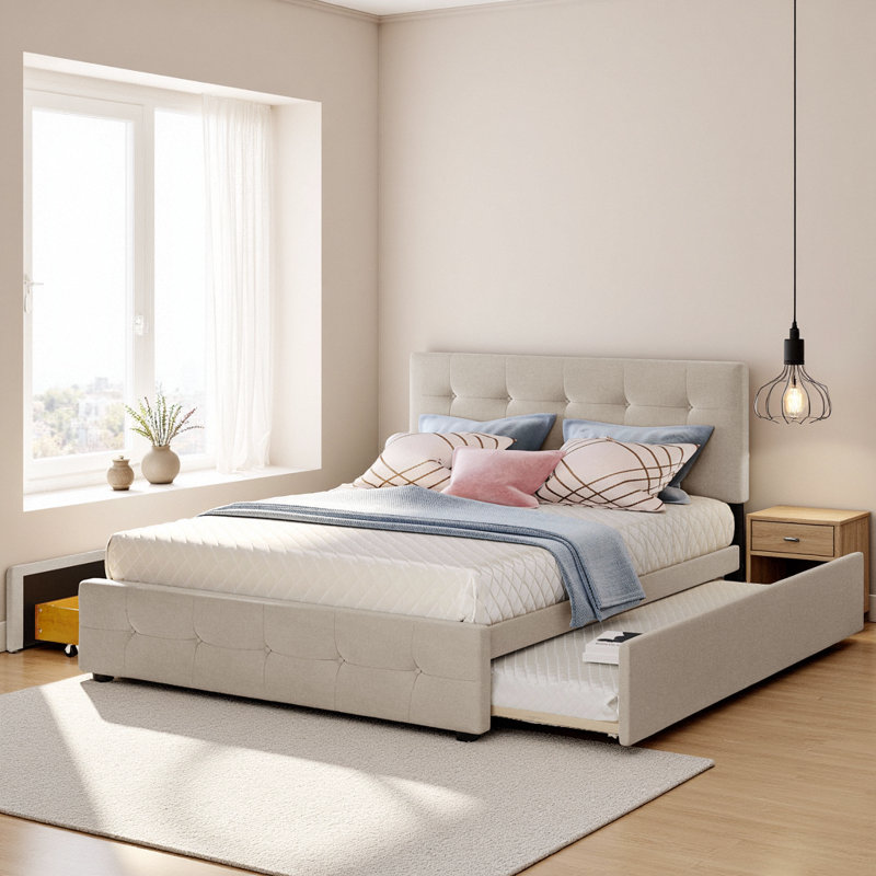 Lit plateforme tapissier à 2 tiroirs et gigogne Classic, Beige