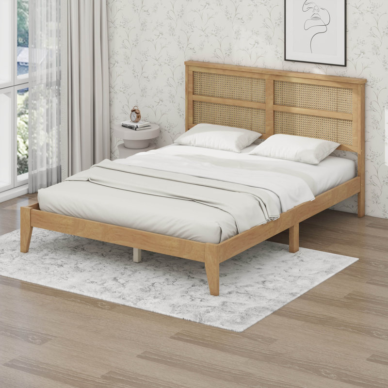 Base de lit plateforme en bois grand format avec tête de lit en rotin, base de lit en bois d'hévéa Boho