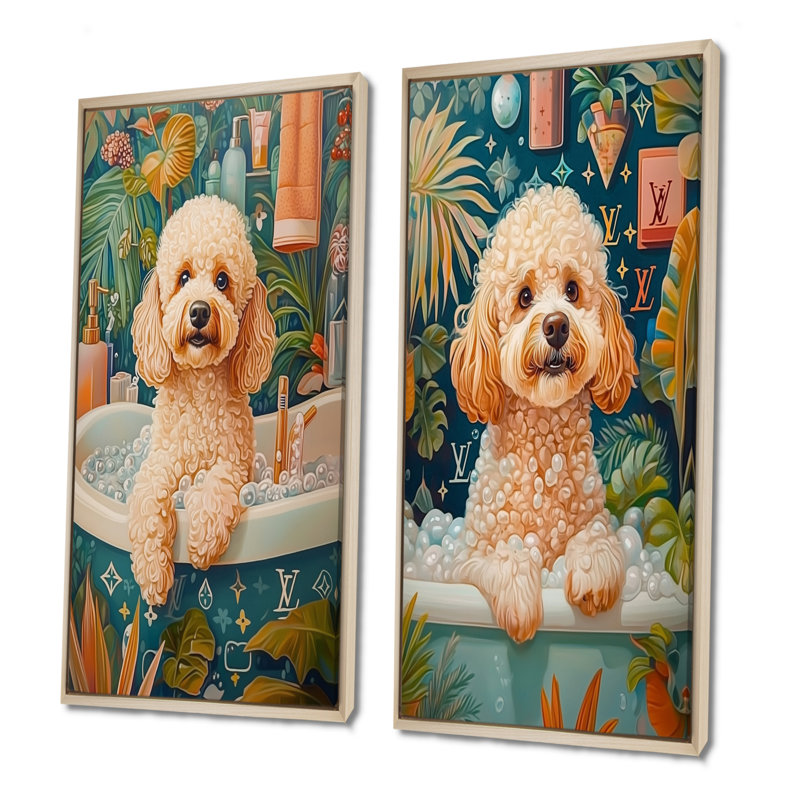 «Poodle Dog Bath Time Bubbles I», ensemble d'art mural 2 pièces, H 40 po x l 40 po, Impression encadrée, Érable