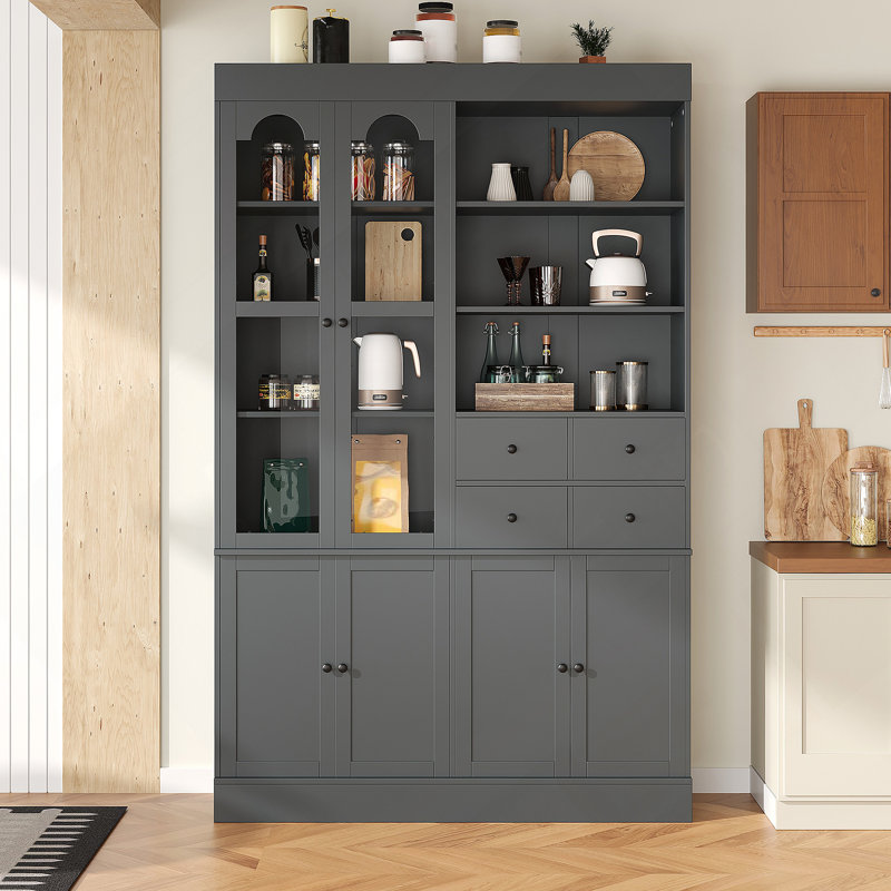 Armoire décorative, buffet autoportant, garde-manger avec tiroirs, tablettes et plateaux coulissants, Gris