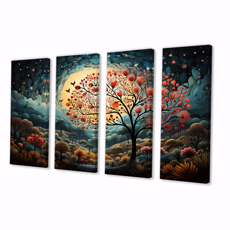«Blue Horizon of Heart Trees Landscape I - Tree», art mural 4 pièces, H 28 po x l 48 po