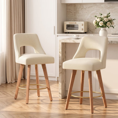 Swivel Linen Upholstered Counter Stool With Solid Wood Frame And Footrest