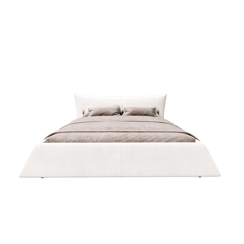 Lit plateforme tapissier avec tête de lit en velours de forme spéciale, structure en métal et bois massif, Crème, crème