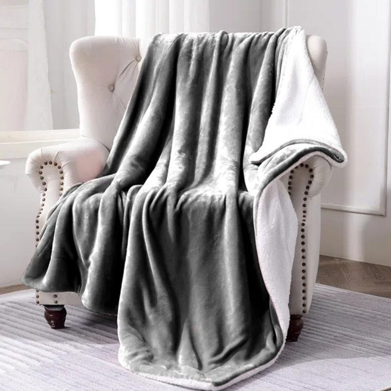 Sanborn Soft Reversible Sherpa Fleece Fur Thick Blanket Throw, 130cm x 150cm, Silver