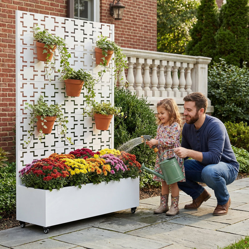 Boîte à fleurs en métal avec treillis et roues, H 72 po x l 47 po x P 16 po, Blanc