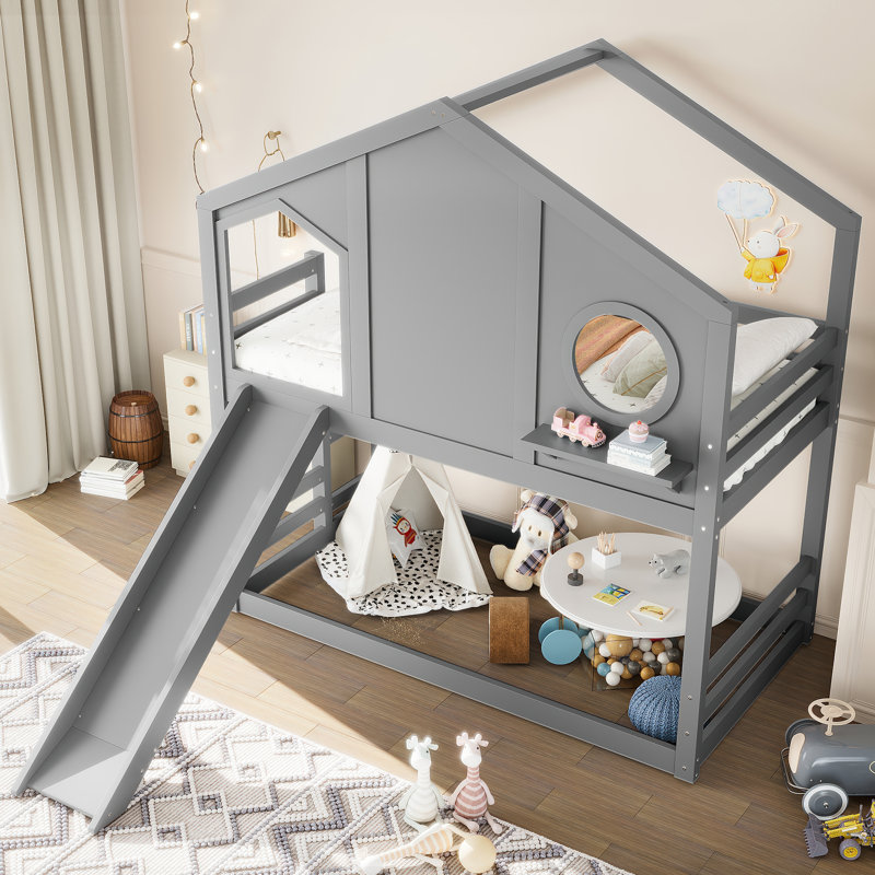 Lit superposé avec glissade, tablettes de rangement et fenêtre House, Gris