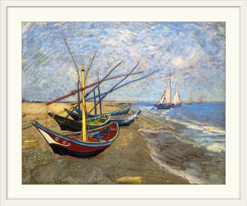 «Bateaux de pêche sur la plage à Saintes-Maries-De-La-Mer» par Vincent Van Gogh, reproduction d'art, Cadre blanc