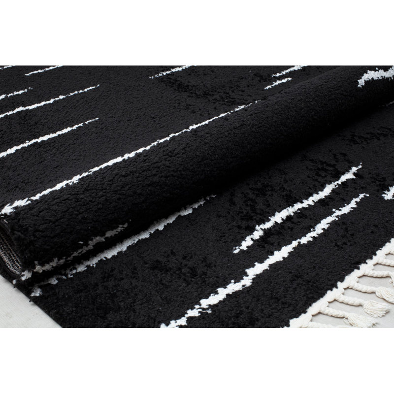 Introspective Black Abstract Shag Synthetic Area Rug with Braided Tassels