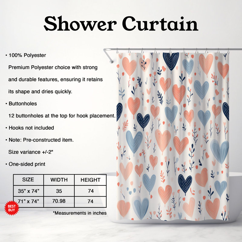 Heart Designs - Rideau de douche Premium, H 74 po x l 71 po