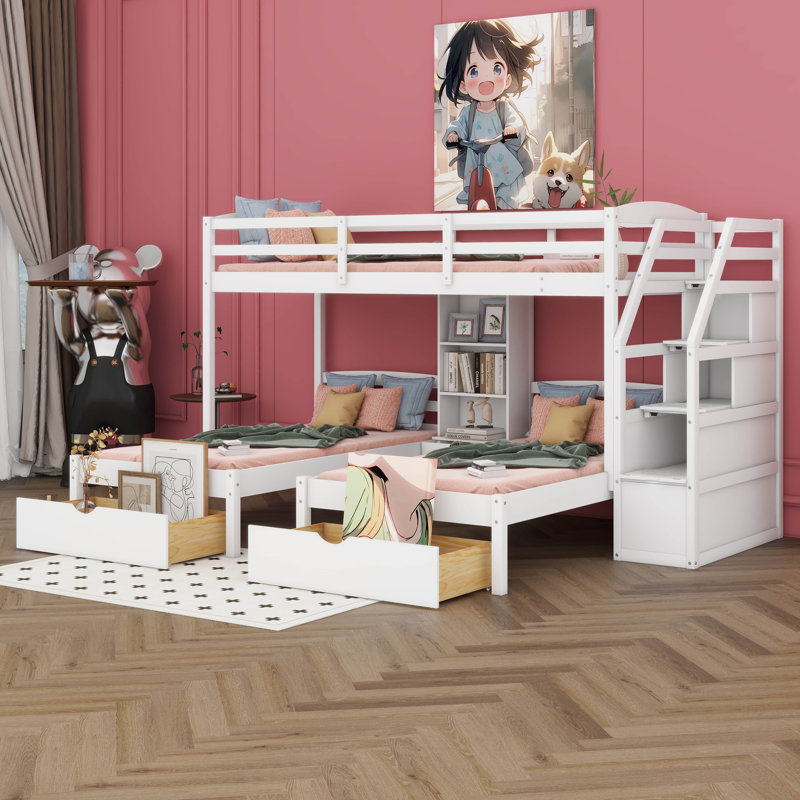 Lit superposé simple au dessus d'un lit simple et simple avec escalier de rangement et tiroirs, lit superposé pour 3 enfants, cadre de lit superposé en bois avec tablettes
