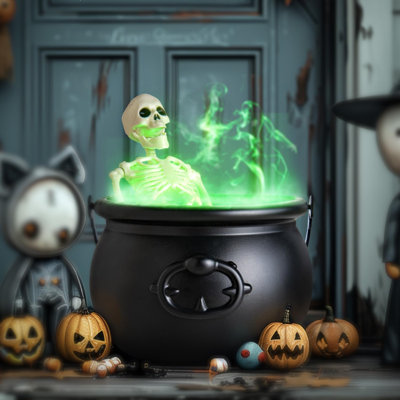 Décorations d'Halloween d'intérieur - chaudron, décoration d'Halloween avec des sorcières en plastique noir, chaudron et squelette de brumisateur à DEL - Spooky, décoration d'Halloween rétro pour la maison