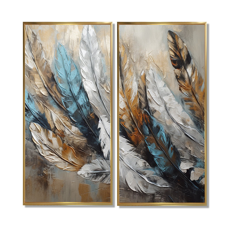 «Gold Feather Extravaganza II», art mural moderne doré, 40" H x 40" W, Impression encadrée flottante, Gold