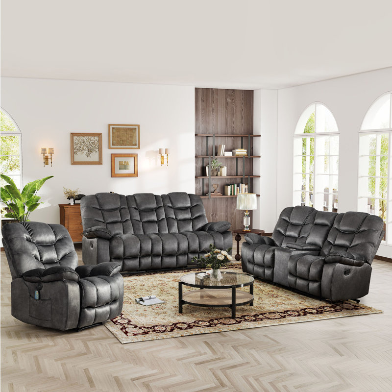 3-Piece Reclining Living Room Set With Power Heated Massage Recliner, Manual Loveseat With Console & 3-Seat Sofa, Black-gray