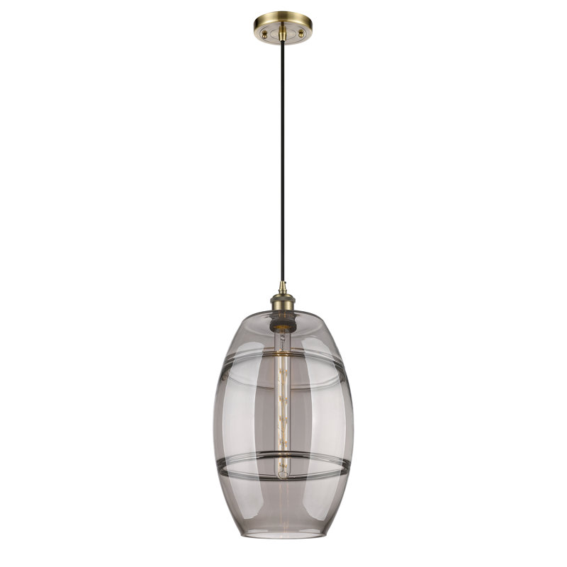 Luminaire suspendu 1 lumière Absalat, H 18,5 po x l 10 po x P 10 po, Gris fumée clair, Laiton antique