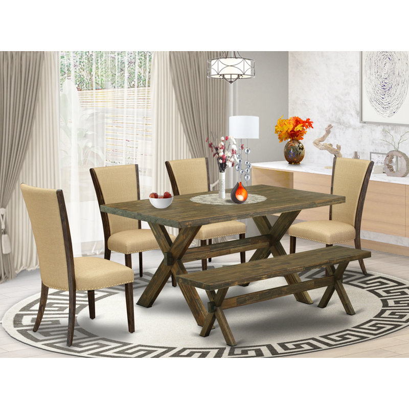 6 Piece Modern Dining Table Set Contains a Rectangle Wooden Table with X-Legs and 4 Brown Linen Fabric Parson Chairs with a Bench, Distressed Jacobean Finish