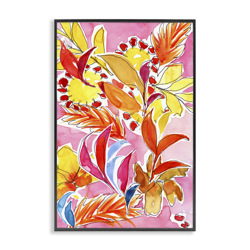 Art botanique orange sur giclée rose par Victoria Barnes, Giclée encadrée noir minuit, H 30 po x l 20 po