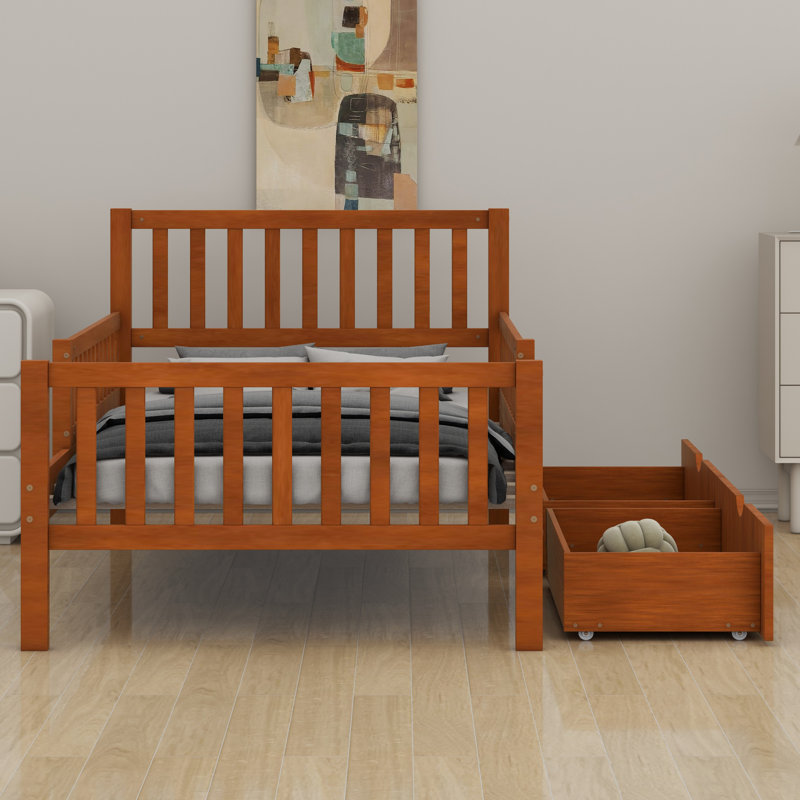 Lit plateforme en bois avec garde-corps des deux côtés et deux tiroirs de rangement, Simple