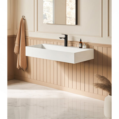 Évier vasque rectangulaire à surface solide avec installation murale 36 po x 18 po blanc mat avec trou pour robinet