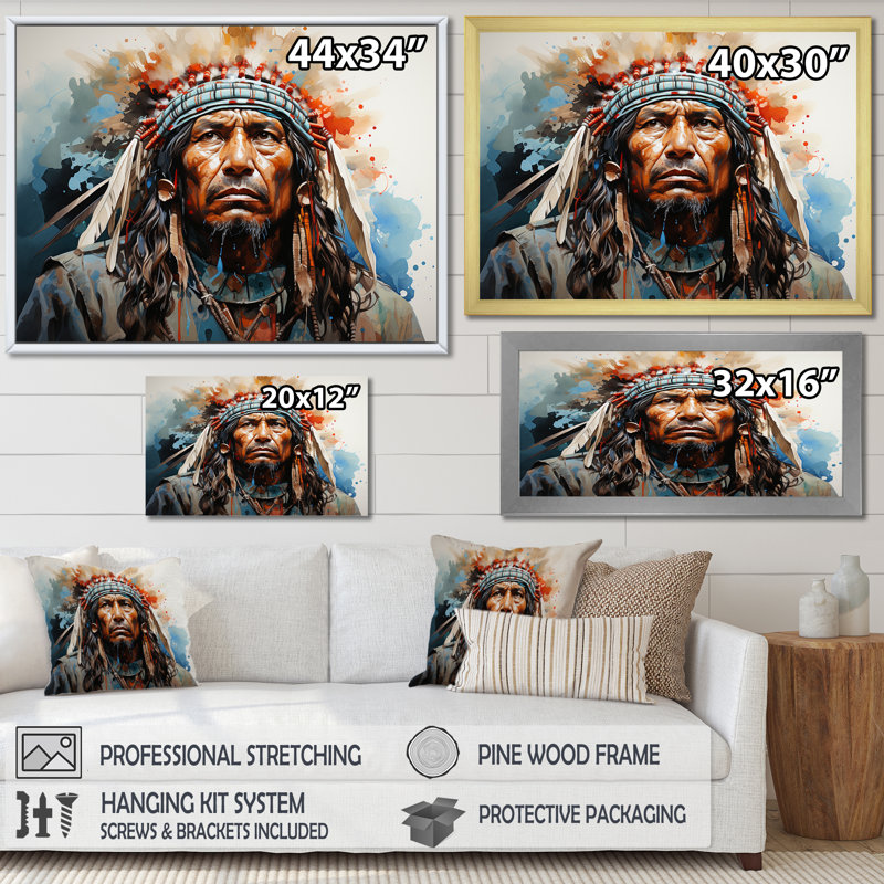 «Native Apache Warrior» sur toile, Cadre flottant doré, H 24 po x l 32 po x P 1 po