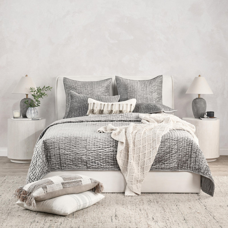 Bari 4-Piece Velvet Rayon Quilt Set, King Quilt + 3 Euro Shams, Light Gray