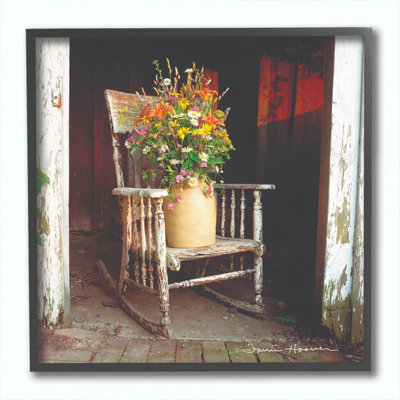 Illustration d'un pot de fleur de grange sur une vieille chaise berçante par Penny Lane, impression de photo