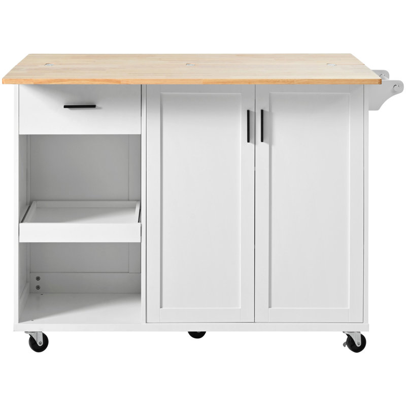 Îlot de cuisine moderne avec tablettes et tiroir verrouillables - bureau pliable blanc, porte-serviettes, tiroir, tablette coulissante et roulettes pour plus de fonctionnalité
