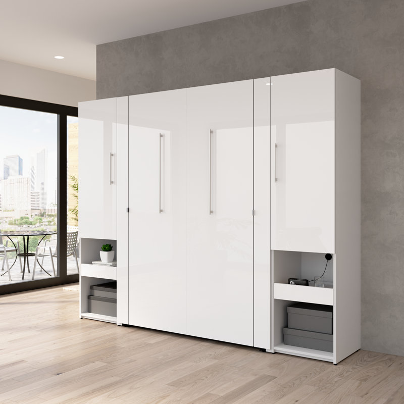 Lit escamotable et armoires de rangement avec porte et tablette coulissante Maile, Double