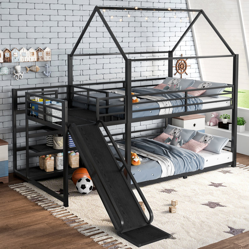 Kids Full Metal House Bunk Bed with Storage Stairs and Slide, Full