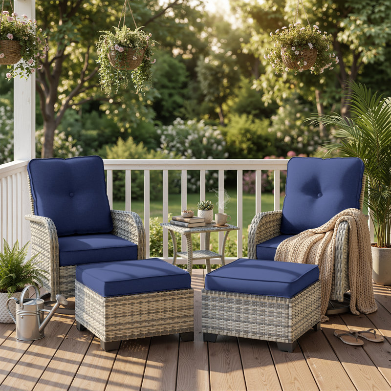 5-Piece Outdoor Swivel Glider Chair Set With Cushions, Ottomans And Side Table, Navy Blue