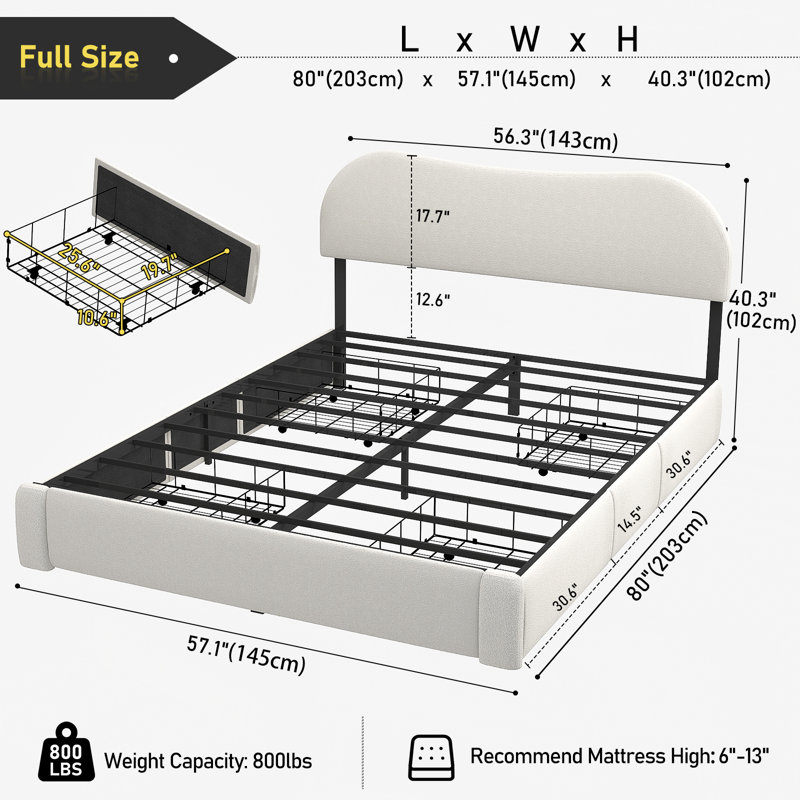 Boucle Upholstered Bed Frame with Headboard, Modern Bed Frame with 4 Underbed Drawers, No Spring Needed, Rounded Corners