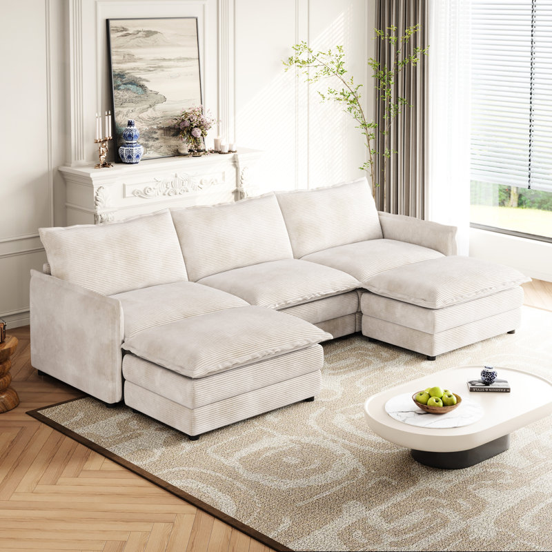 Très grand canapé en tissu velours côtelé pour le salon, 3 avec 2 repose-pieds, siège profond en forme de U, coussins de construction 2 3, espace, structure en bois massif, plaisir
