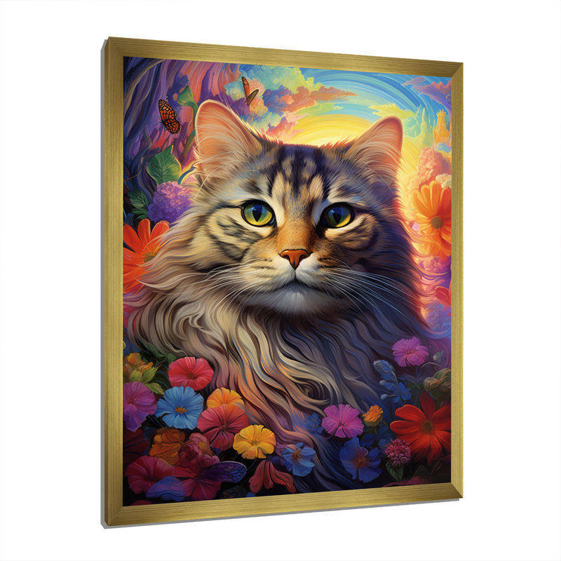 Portrait d'un chat majestueux avec des fleurs I, H 32 po x l 24 po x P 1 po, Cadre doré simple