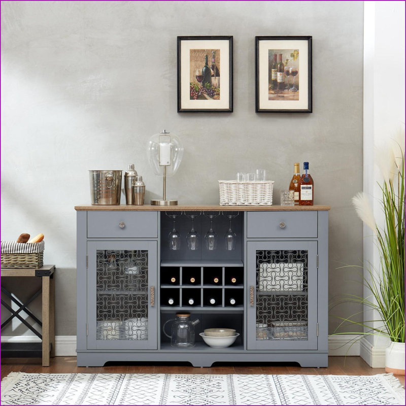 Cabinets, Modern Farmhouse Sideboard Buffet with 2 Drawers, Glass Doors &amp; Wine Rack | Light Blue + Light Oak 56.46”W | MDF | Kitchen