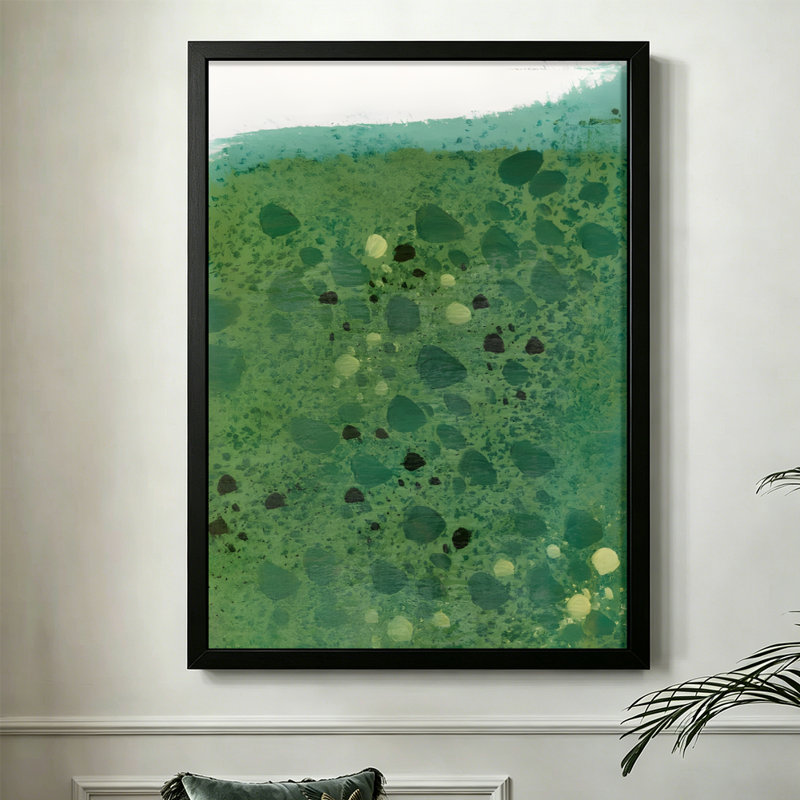 Motif moderne abstrait vert et bleu sarcelle: formes ovales dispersées, style de peinture à l'huile impressionniste. Art mural 24 "x 36" avec cadre en bois noir