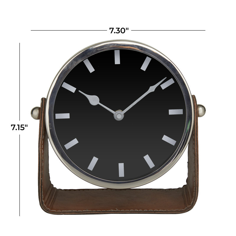 Horloge décorative en acier inoxydable avec support en cuir, H 7,15 po x l 7,30 po x P 3,15 po, Argent