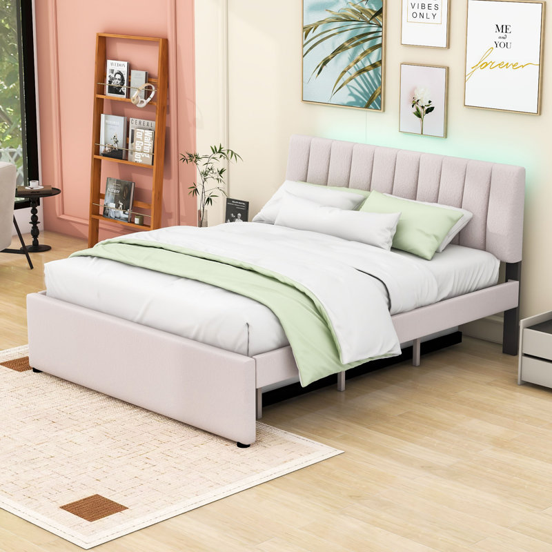 Lit plateforme tapissier avec lit gigogne simple et lumière DEL, Beige, Grand lit