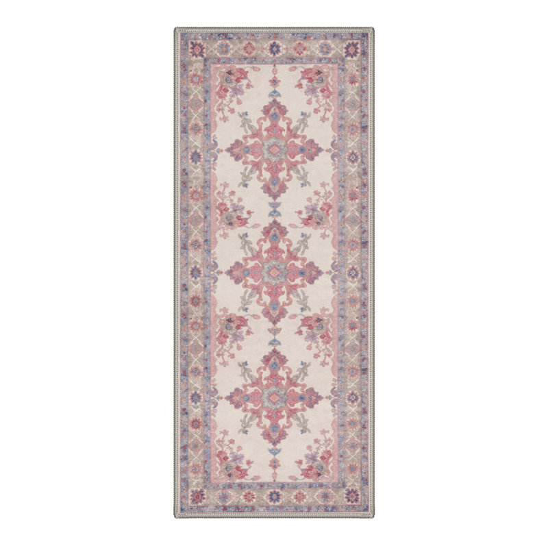 Bloomfield Vintage Floral Machine Washable Blue / Pink / Beige Indoor Area Rug with Non-Slip Backing, Runner 2'3" x 6'