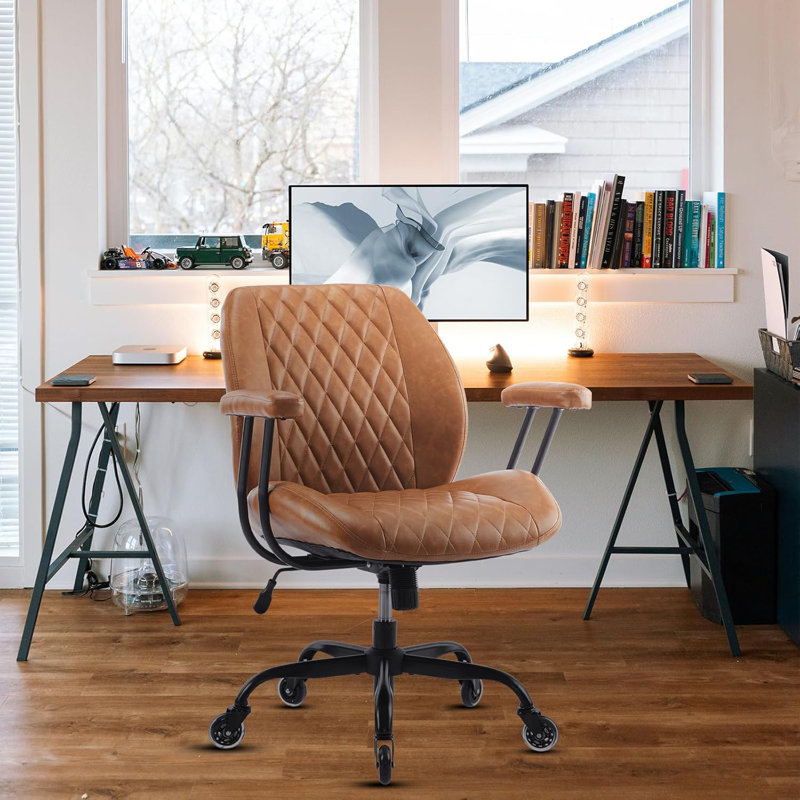 Chaise de bureau à domicile en cuir véritable brun avec roulettes en caoutchouc, soutien lombaire, accoudoirs pivotants et réglables en hauteur