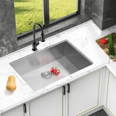 28" X 18" 9" Undermount Single Bowl Kitchen Sink, 16 Gauge, 9 Inch Deep, 304 Stainless Steel, Brushed Nickel, X - Shaped Water Guide, 3Mm Rubber Pad, Condensation, Easy Drainage, Noise Reduction