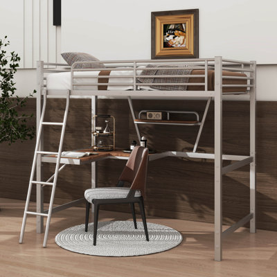 Twin Size Loft Bed With Desk And Storage Shelf, Metal&MDF Loft Bed With Ladder, Full-Length Guardrail