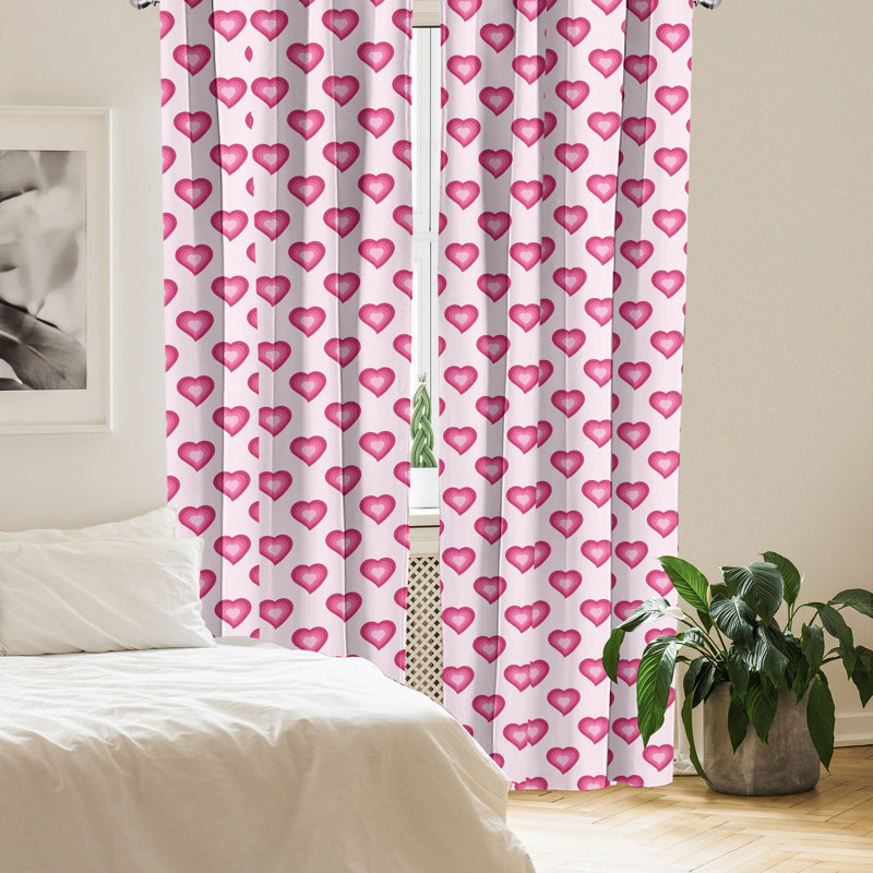 Pink Hearts Polyester Light-Filtering Curtain Panel Pair