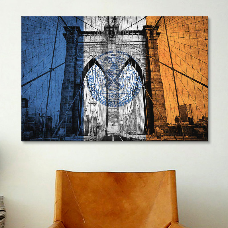 « flags new york brooklyn bridge », impression sur toile, H 18 po x l 26 po x P 1,5 po, Toile encadrée noire, Pas de tapis