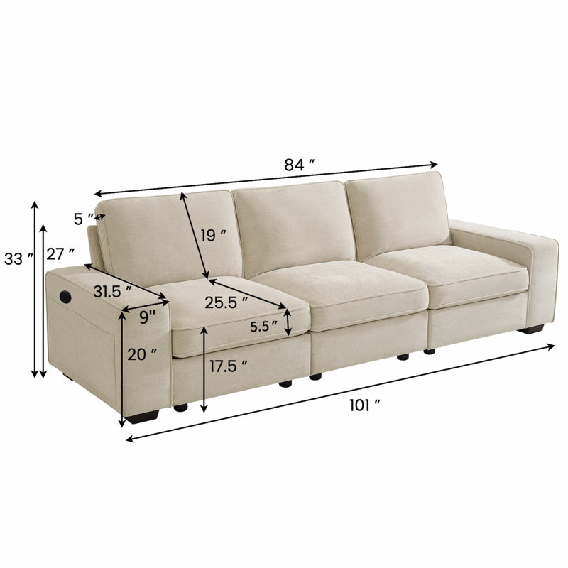 Avanthika 101" Modular Sectional Sofa Chenille Couch with Storage Space  & USB Ports For Living Room, Beige