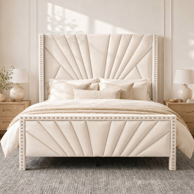 Upholstered Velvet King Bed Frame With Headboard, Metal Support Cream Bed